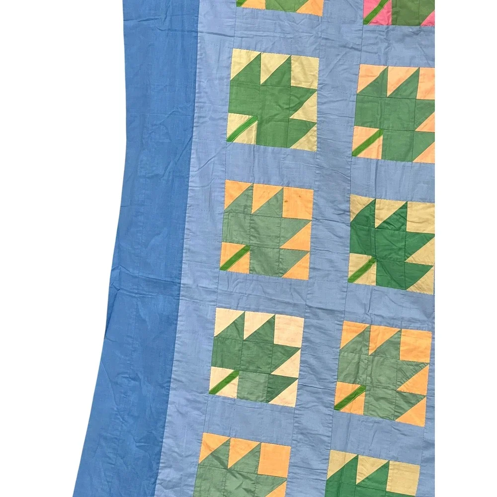 Vintage Hand Stitched Patchwork Quilt Leaf Blocks Blue Green Full Queen 92x88